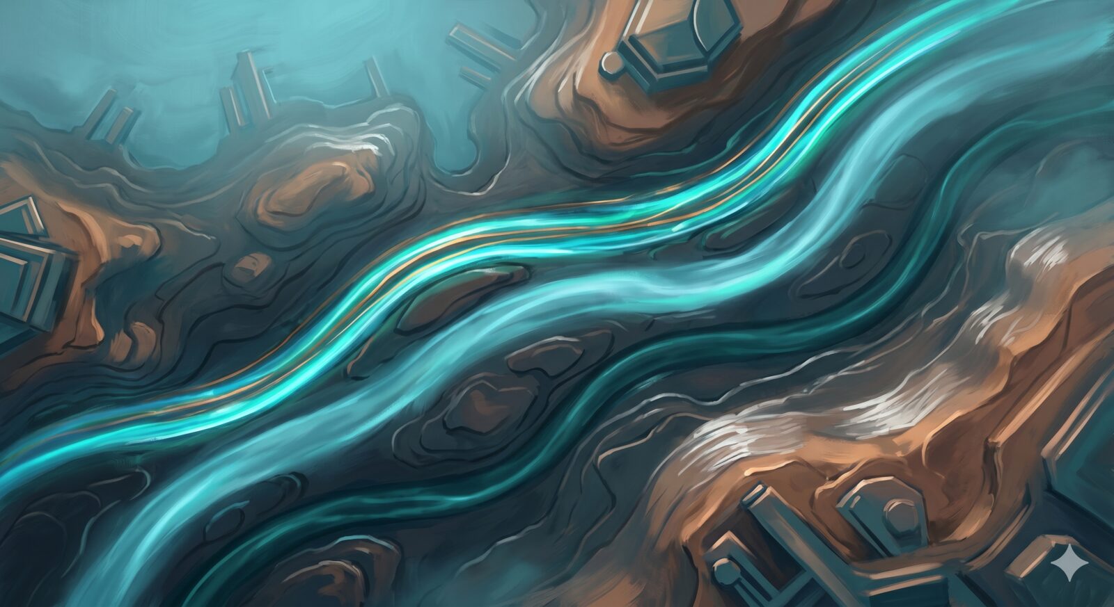 Painterly overhead view of a luminous turquoise river cutting through dark copper terrain — the cover art from Cambio’s note on crypto network fees.