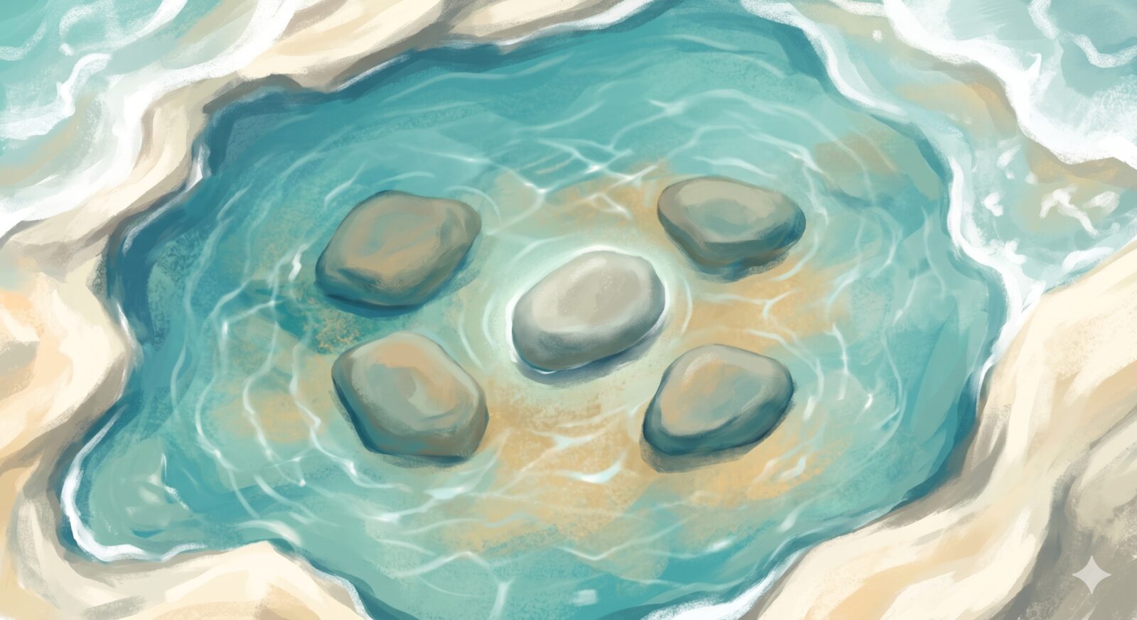 Painterly overhead view of a shallow turquoise tide pool with smooth stones resting on pale sand — the cover art from the Cambio compare hub.
