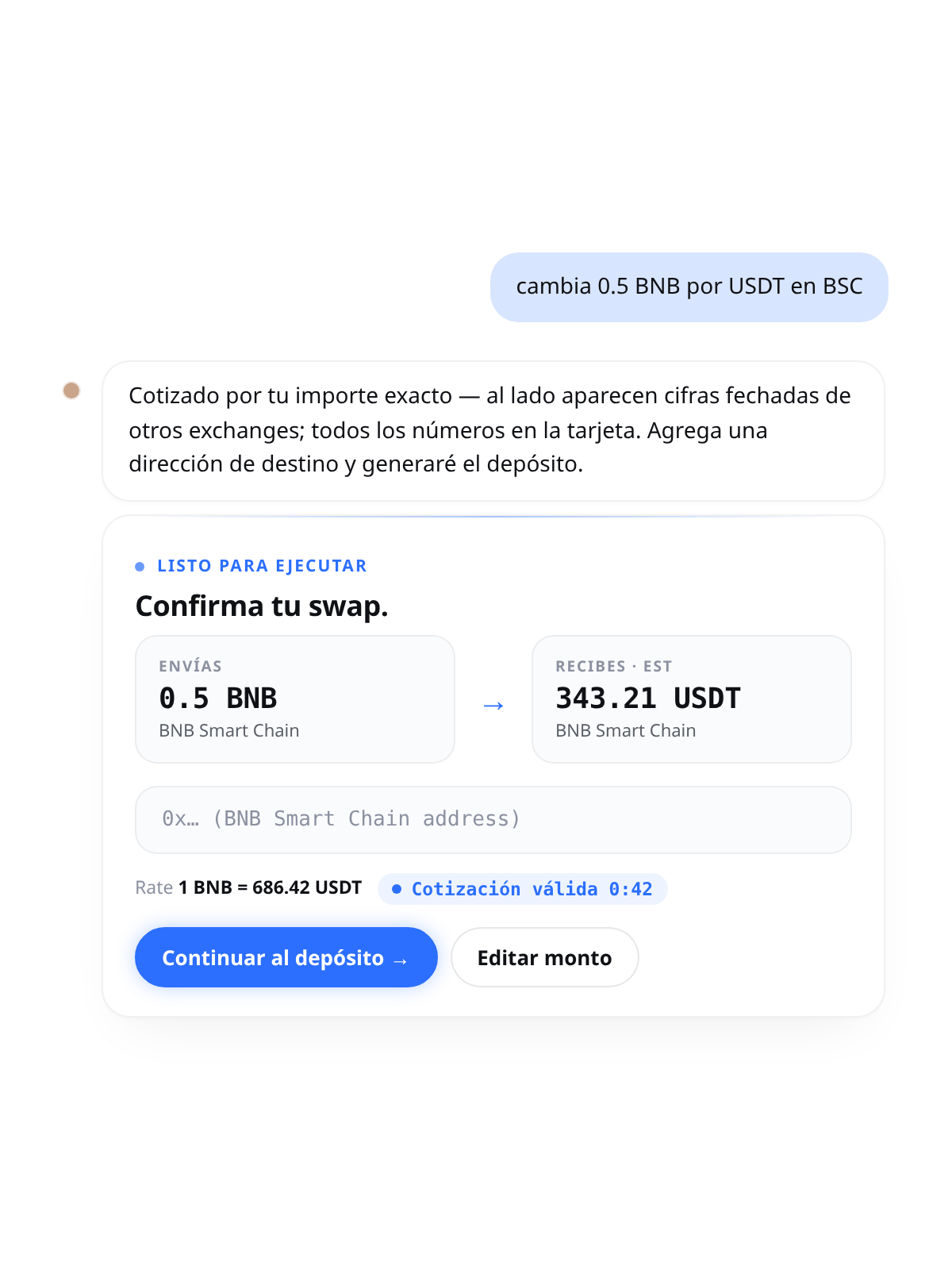 chat de Cambio: cambia 0.5 BNB por USDT en BSC — tarjeta lista para ejecutar con la cotización por el monto exacto