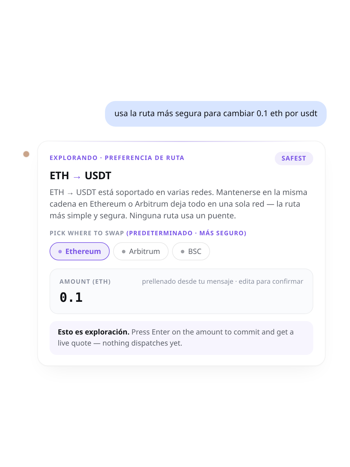 chat de Cambio: "usa la ruta más segura para cambiar 0.1 ETH por USDT" — explorador de rutas con píldora de preferencia MÁS SEGURA y selector de red