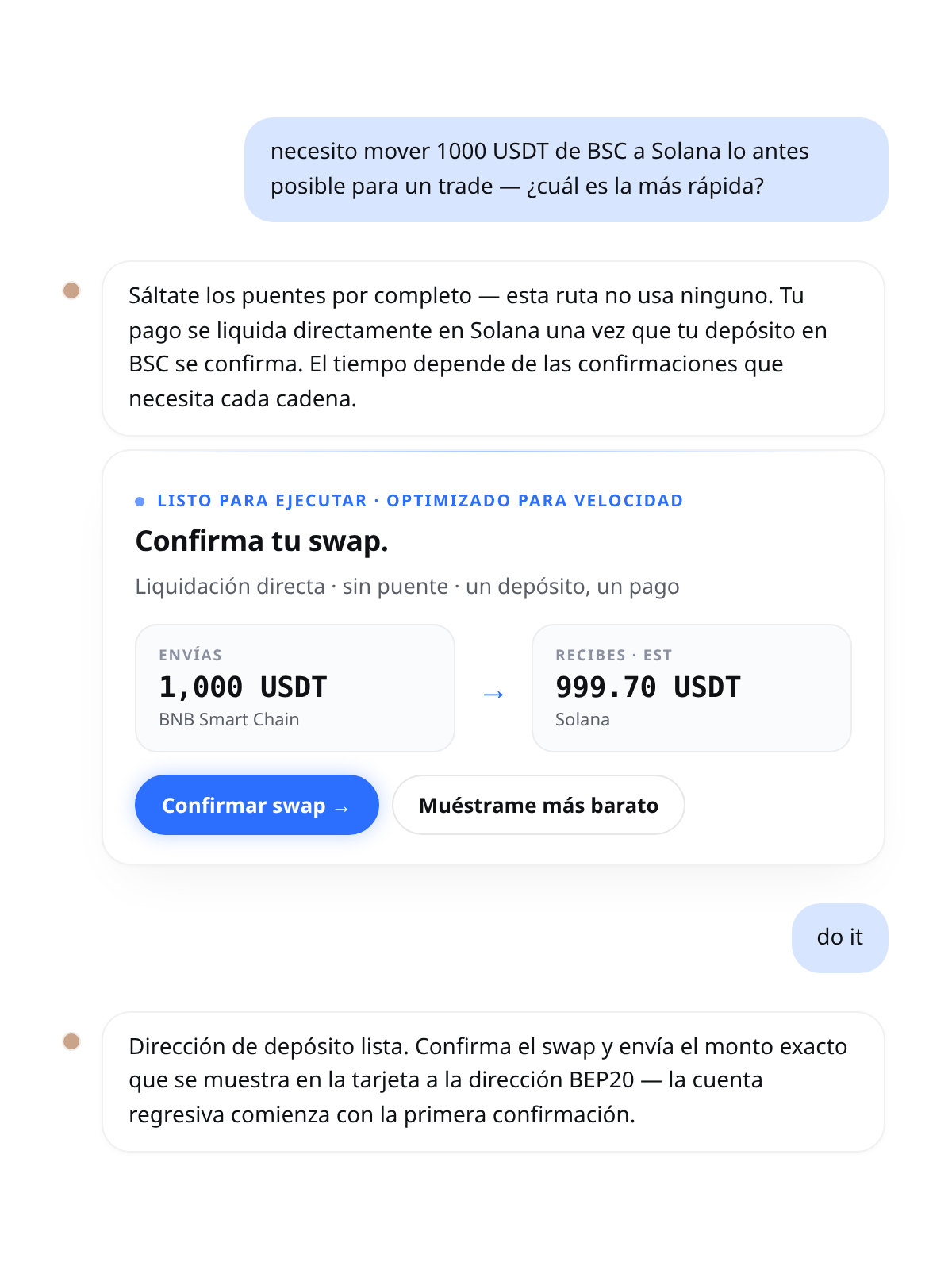 chat de Cambio: "necesito mover 1000 USDT de BSC a Solana lo antes posible" — la IA explica la ruta directa y sin puentes