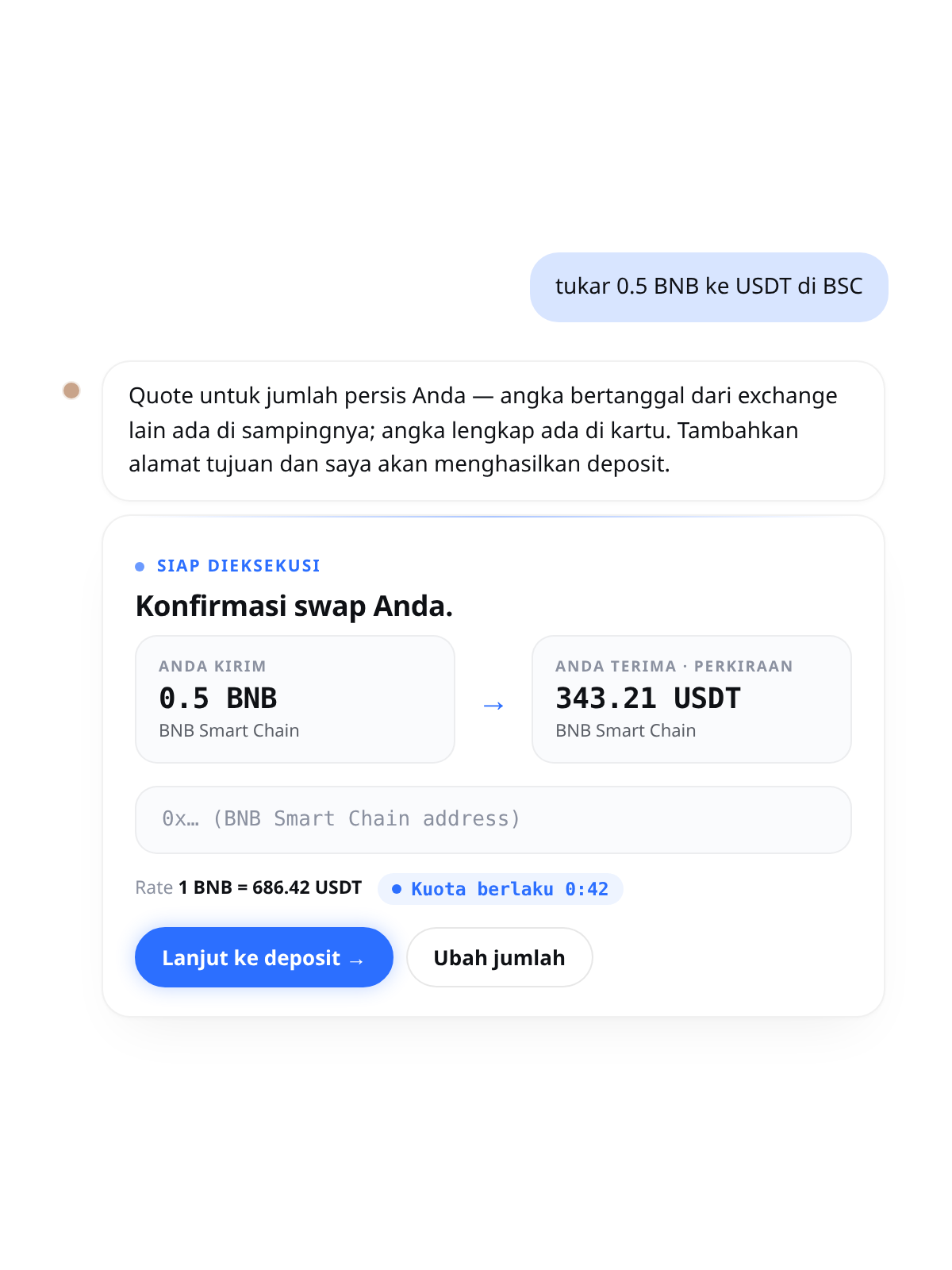 Chat Cambio: tukar 0.5 BNB ke USDT di BSC — kartu siap-eksekusi dengan quote untuk jumlah persis