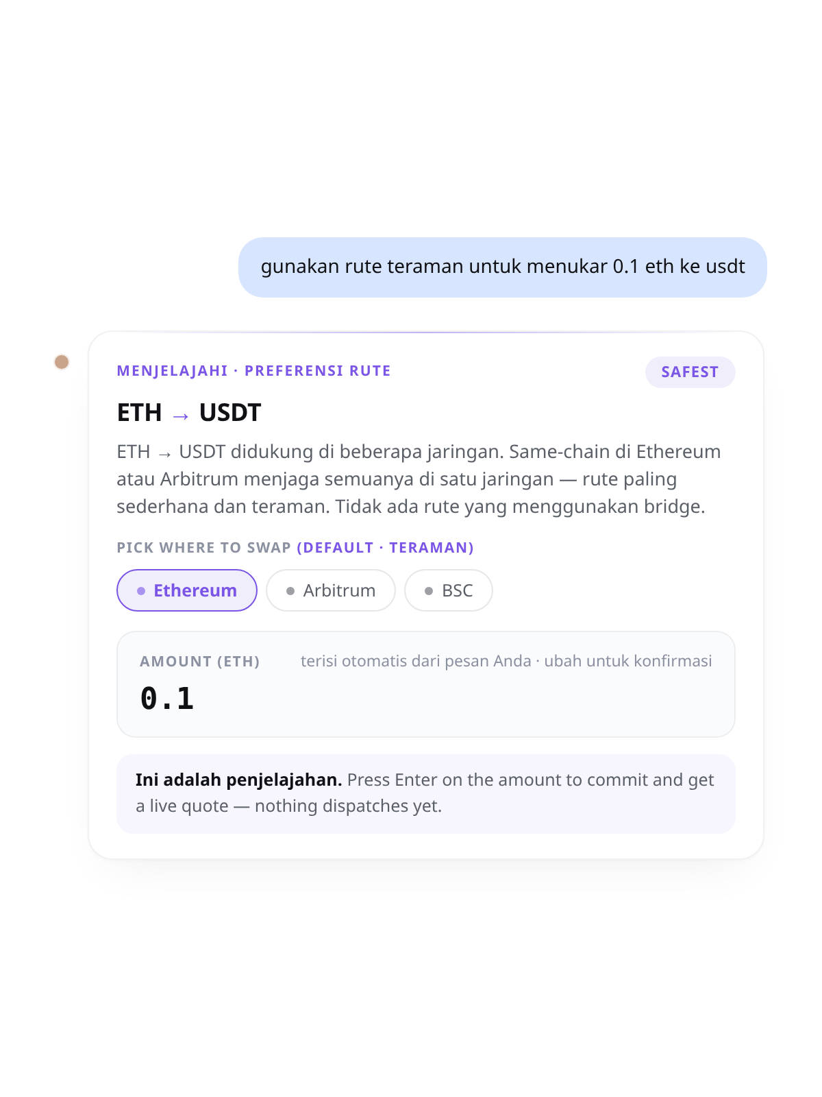 Chat Cambio: "gunakan rute teraman untuk menukar 0.1 ETH ke USDT" — penjelajah rute dengan pil preferensi TERAMAN dan pemilih jaringan