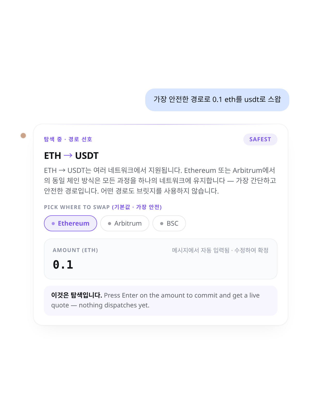 Cambio 채팅: "가장 안전한 경로로 0.1 ETH를 USDT로 스왑해줘" — '가장 안전' 선호 배지와 네트워크 선택기가 있는 경로 탐색기
