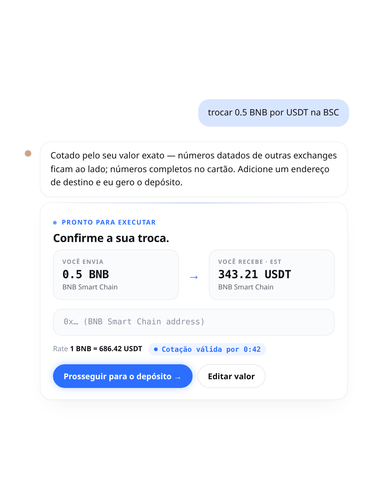 Chat Cambio: troque 0.5 BNB por USDT na BSC — cartão pronto para executar com a cotação do valor exato