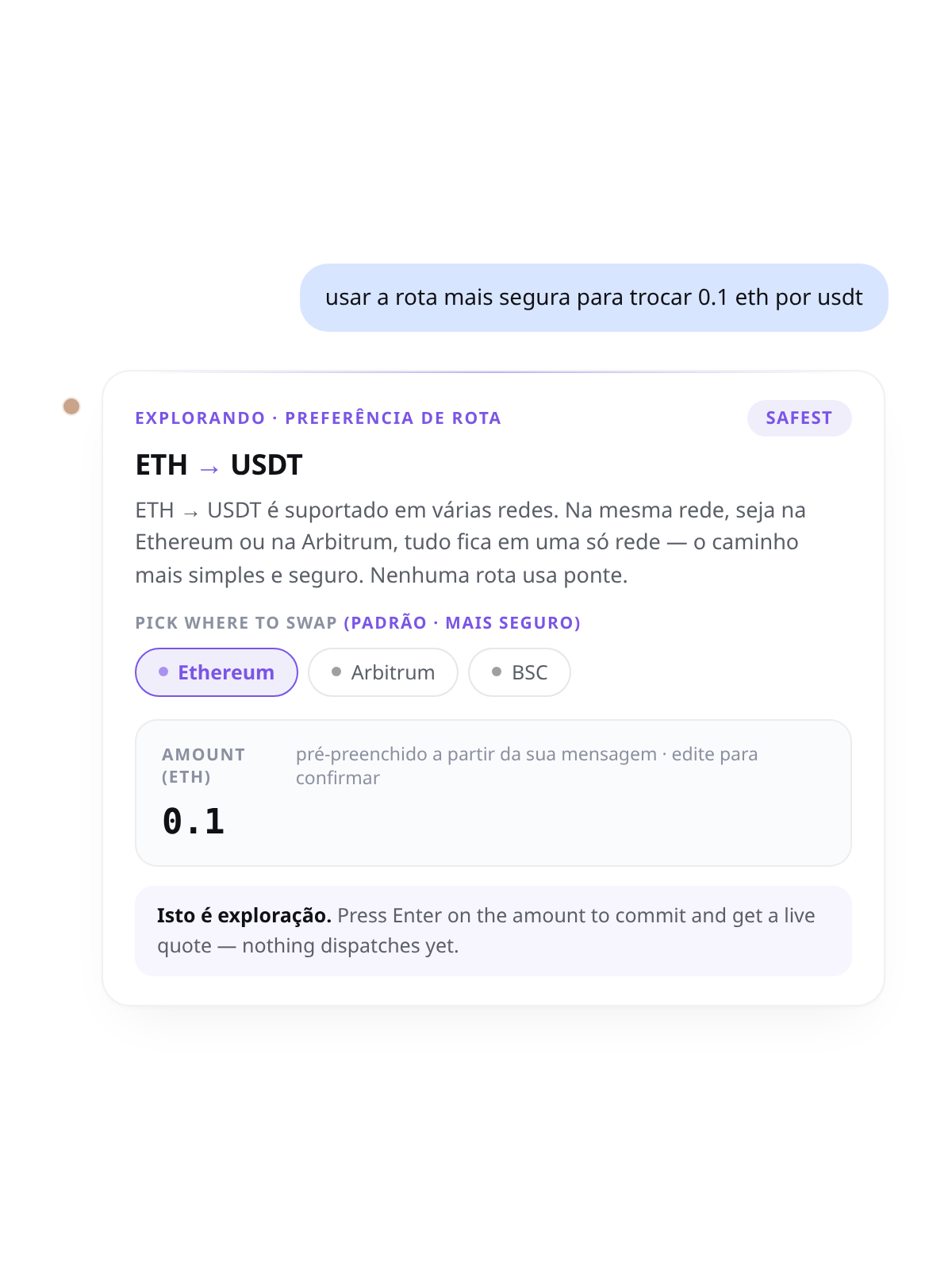 Chat Cambio: "use a rota mais segura para trocar 0.1 ETH por USDT" — explorador de rotas com filtro SAFEST e seletor de rede