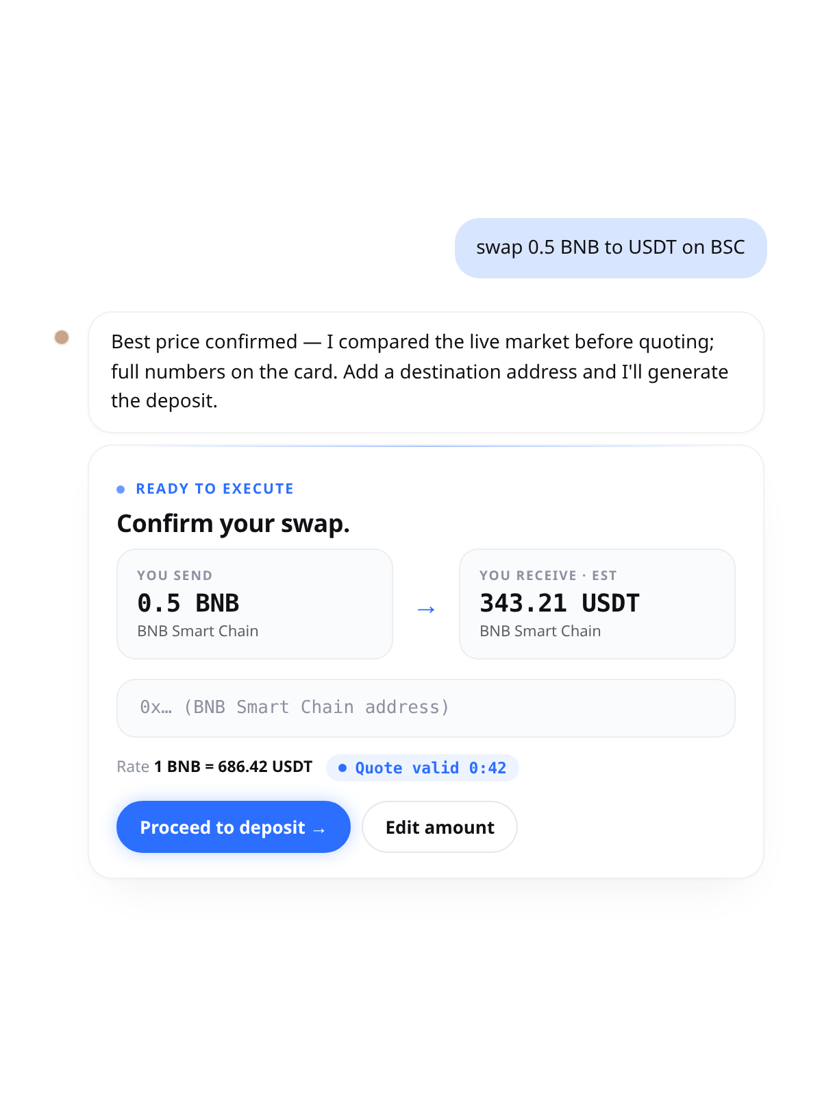 Cambio chat: swap 0.5 BNB to USDT on BSC — ready-to-execute card with locked rate countdown