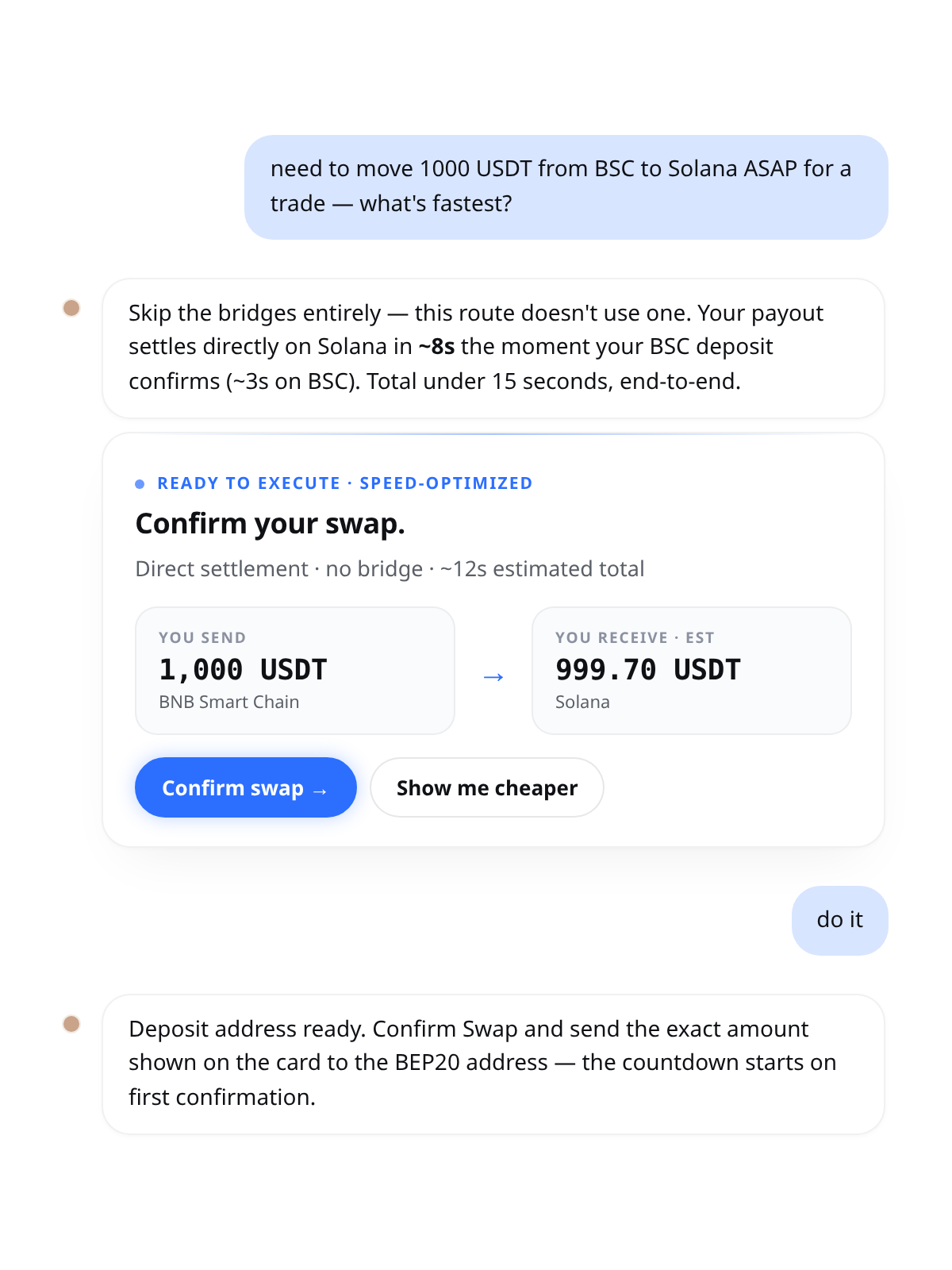 Cambio chat: "need to move 1000 USDT from BSC to Solana ASAP" — AI explains the 15-second partner-liquidity route