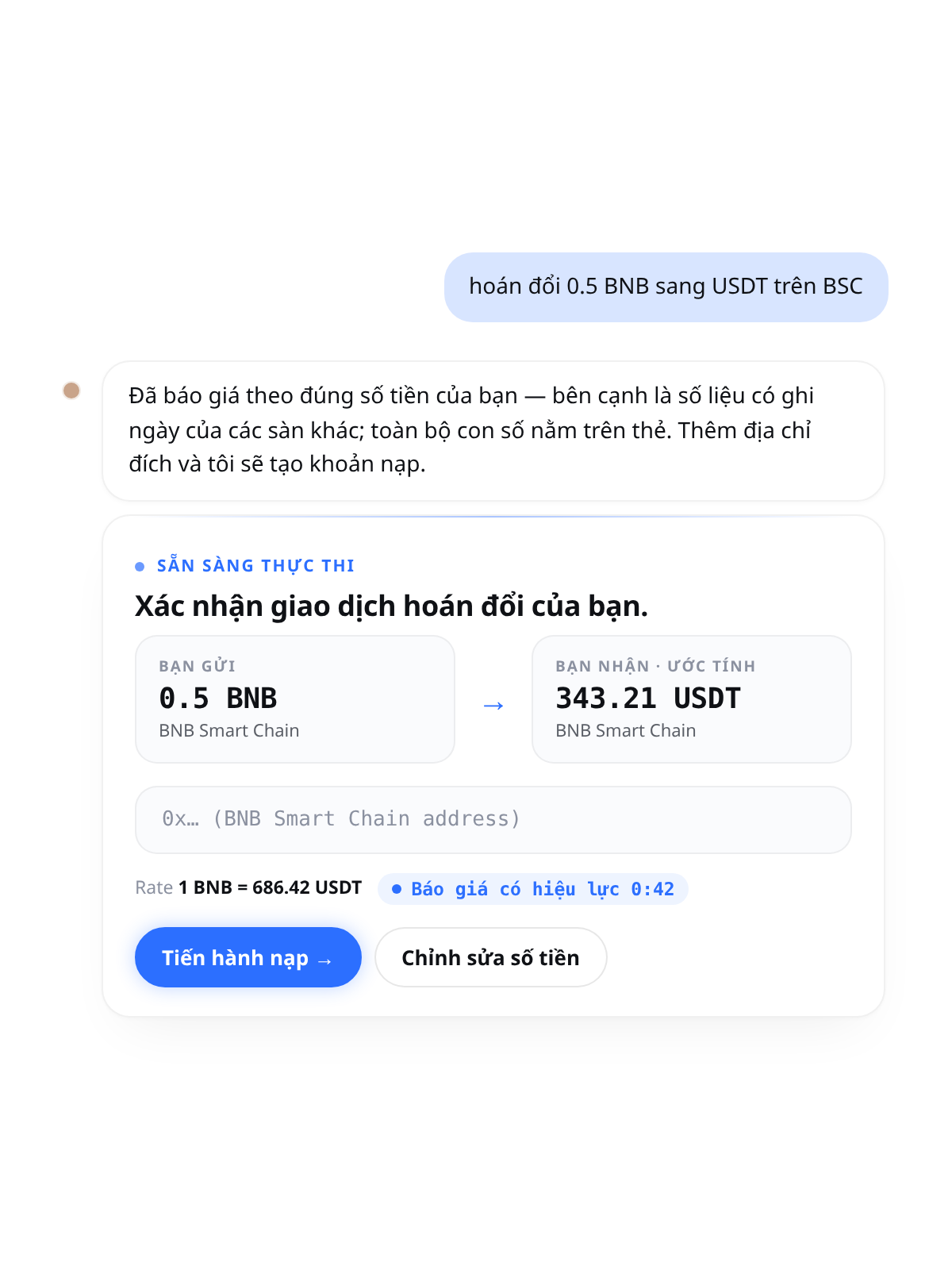 Cambio chat: đổi 0.5 BNB sang USDT trên BSC — thẻ sẵn sàng thực hiện với báo giá cho đúng số tiền