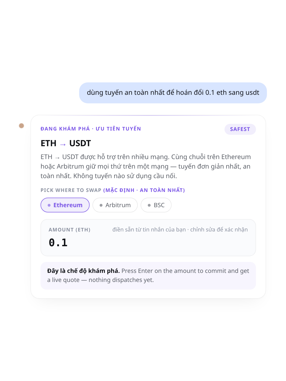 Cambio chat: "dùng tuyến đường an toàn nhất để đổi 0.1 ETH sang USDT" — trình khám phá tuyến đường với nhãn ưu tiên AN TOÀN NHẤT và bộ chọn mạng lưới