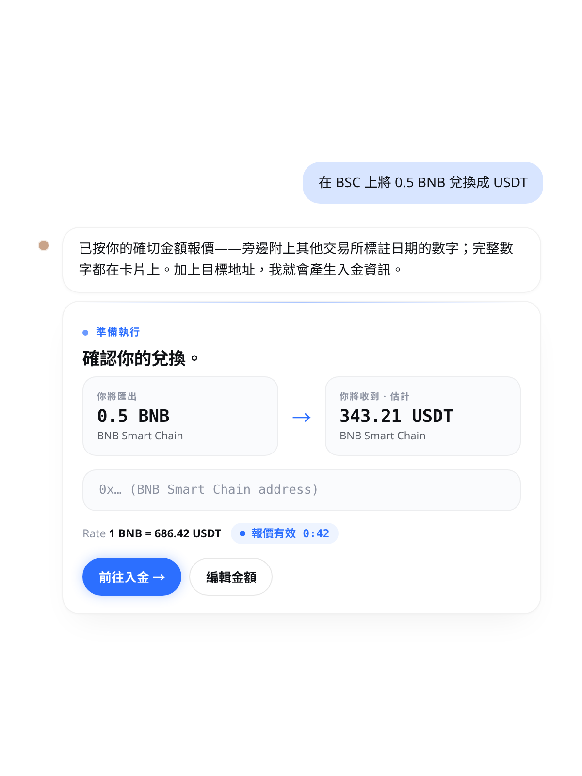 Cambio 聊天：在 BSC 上將 0.5 BNB 兌換成 USDT——附確切金額報價的可執行卡片