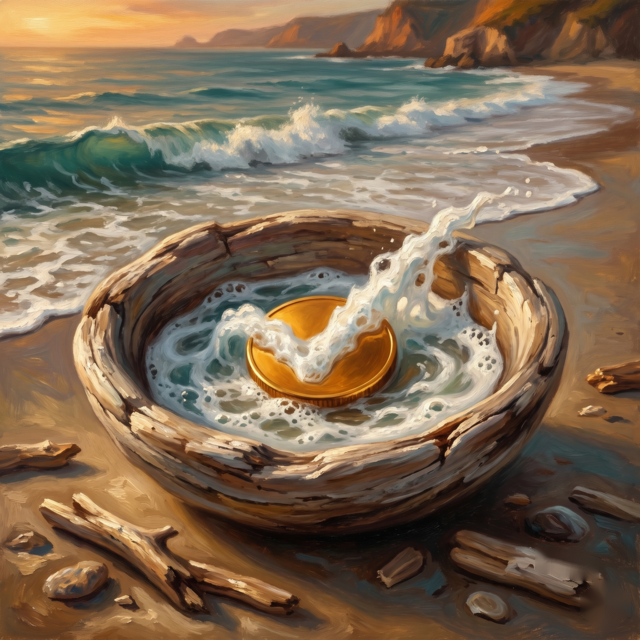 A painted receiving bowl with a settled coin — the moment your swap completes.