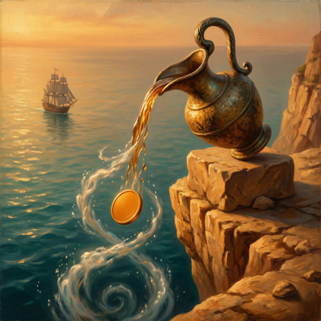 A painted vessel pouring a single coin — the moment your deposit confirms.