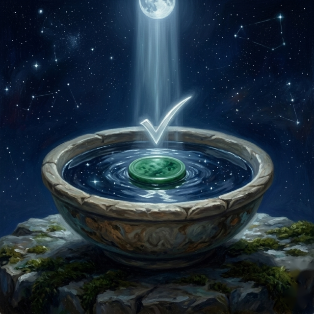 A painted receiving bowl with a settled coin — the moment your swap completes.