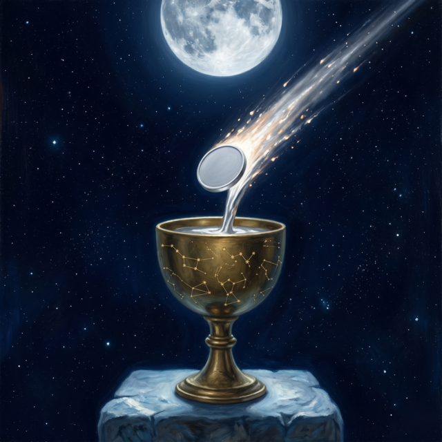 A painted vessel pouring a single coin — the moment your deposit confirms.