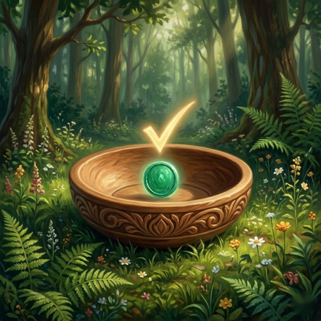 A painted receiving bowl with a settled coin — the moment your swap completes.