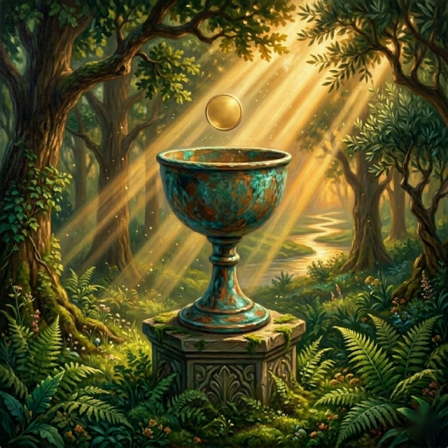 A painted vessel pouring a single coin — the moment your deposit confirms.
