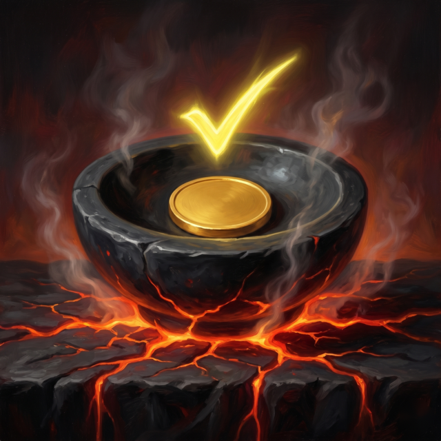 A painted receiving bowl with a settled coin — the moment your swap completes.