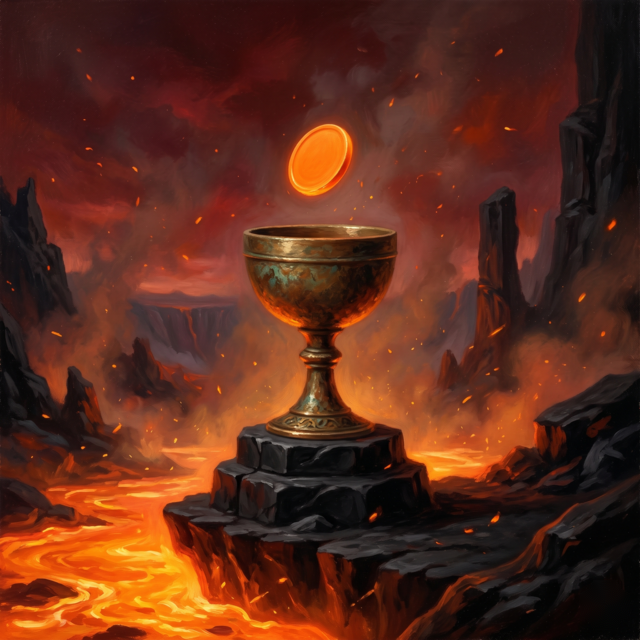 A painted vessel pouring a single coin — the moment your deposit confirms.