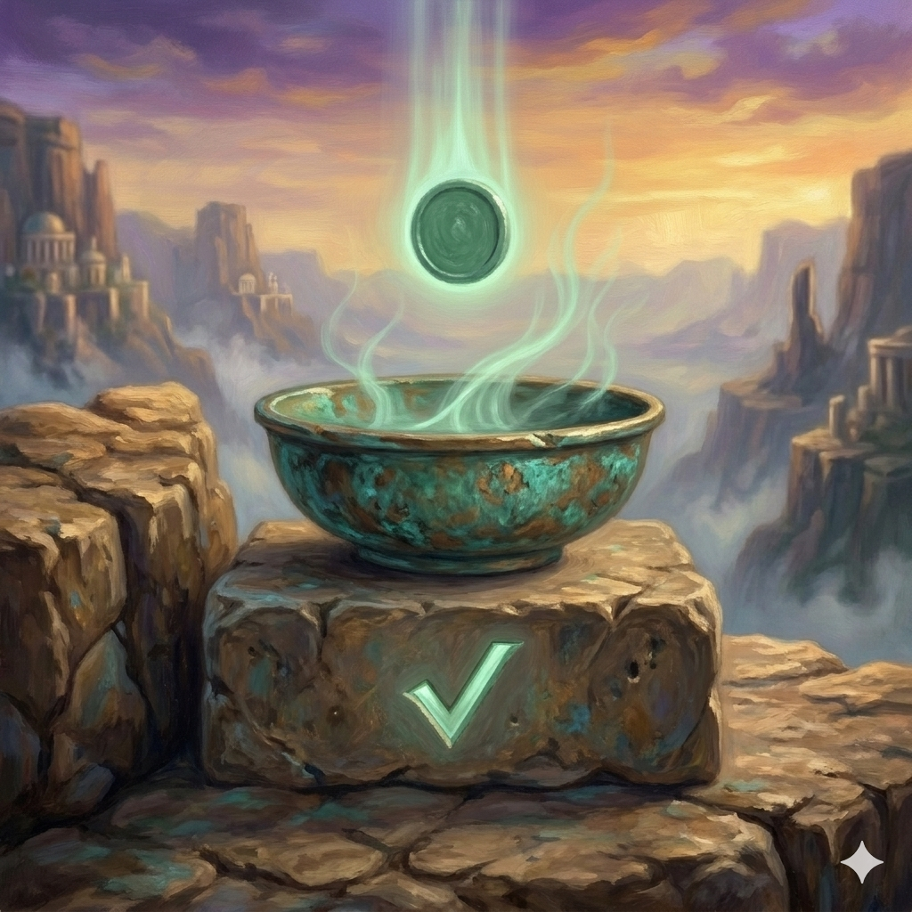 A painted receiving bowl with a settled coin — the moment your swap completes.