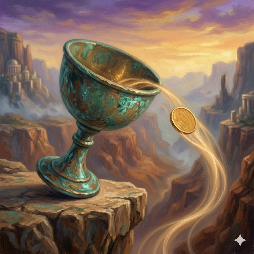A painted vessel pouring a single coin — the moment your deposit confirms.